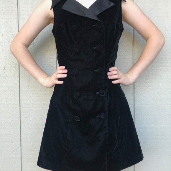 90s 80s Vintage Black Velvet short Dress prom bow - Picture 2 of 7